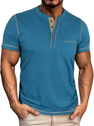 Men's Henley Shirt Soft Cotton Short Sleeve Stretchy Muscle Fit T Shirts Classic Band Collar Button Down Tee Tops