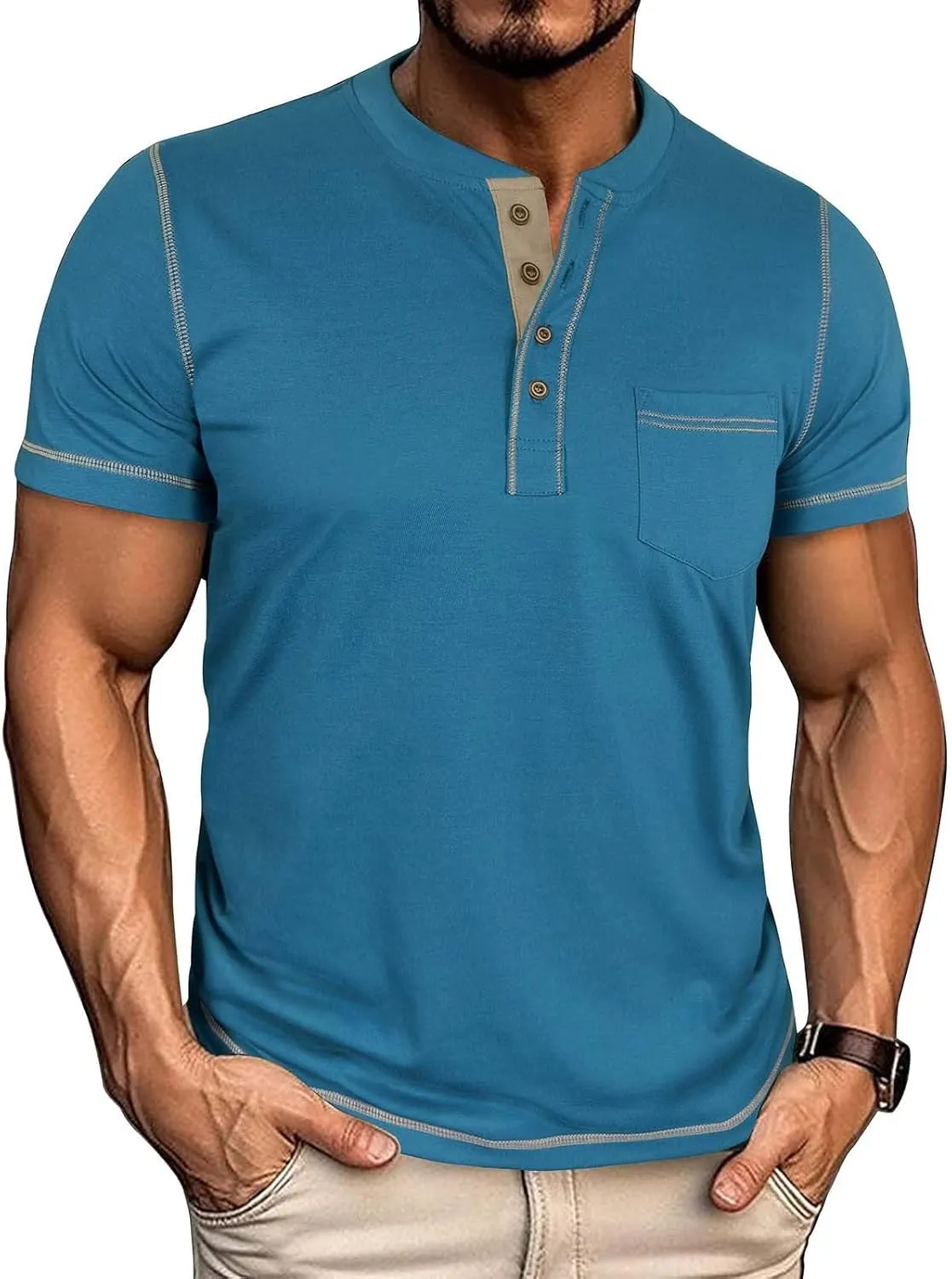 Men's Henley Shirt Soft Cotton Short Sleeve Stretchy Muscle Fit T Shirts Classic Band Collar Button Down Tee Tops