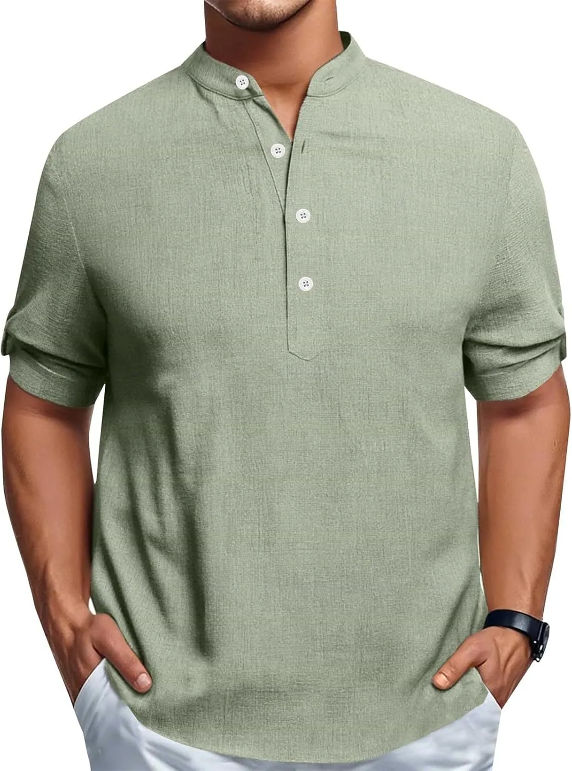 Mens Henley Shirts Short Sleeve Cotton Linen Loose Fit Stand Collar Casual Tshirts Hiking Summer Lightweight Work Tees