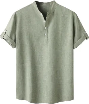 Mens Henley Shirts Short Sleeve Cotton Linen Loose Fit Stand Collar Casual Tshirts Hiking Summer Lightweight Work Tees