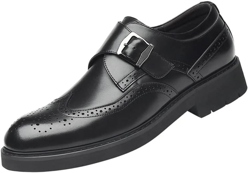 Mens Italian Leather Oxford Dress Shoes Elegant Black Formal Social Slip On Height Increasing Monk Shoes