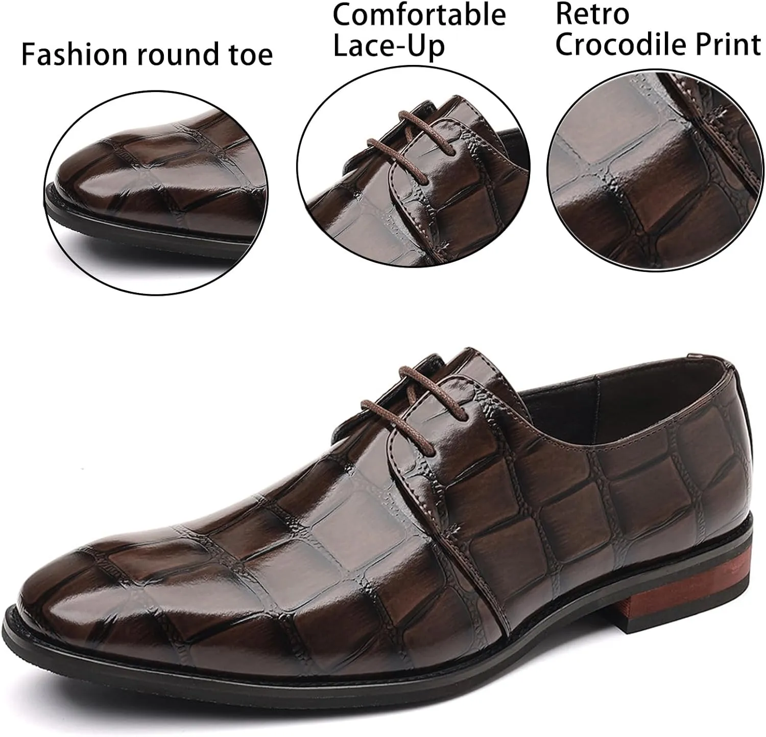 Men's Leather Retro Crocodile Print Chunky Heel Oxford Shoes Comfort Lace-Up Business Low Heel Formal Shoes for Wedding Party Evening