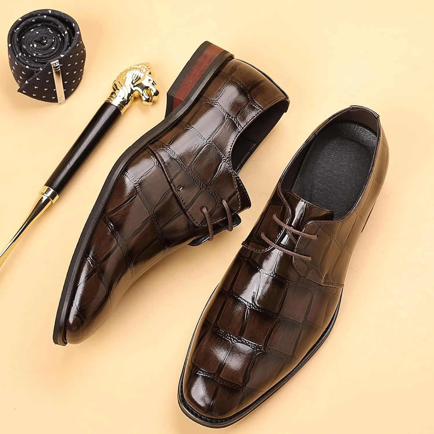 Men's Leather Retro Crocodile Print Chunky Heel Oxford Shoes Comfort Lace-Up Business Low Heel Formal Shoes for Wedding Party Evening