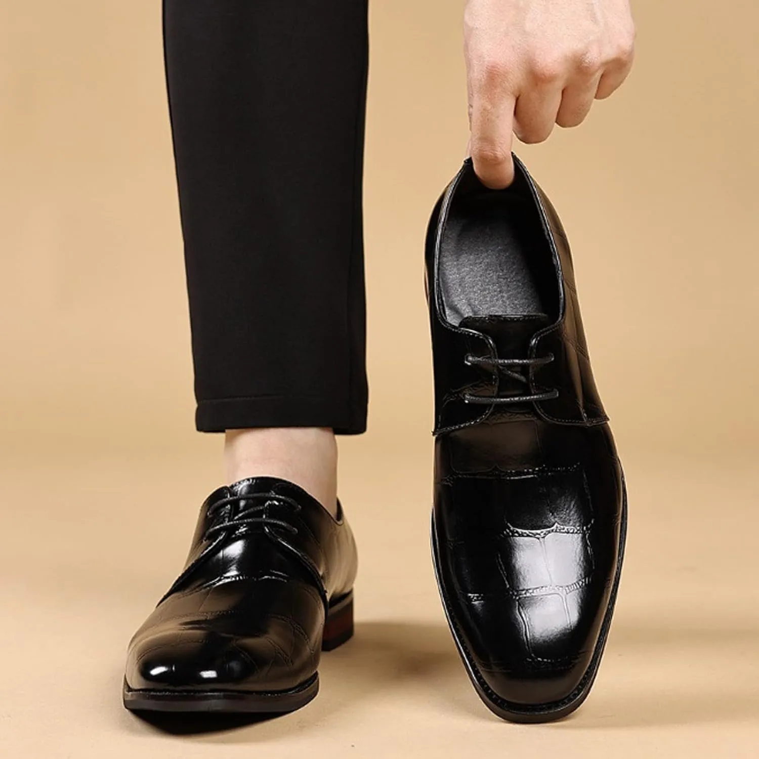 Men's Leather Retro Crocodile Print Chunky Heel Oxford Shoes Comfort Lace-Up Business Low Heel Formal Shoes for Wedding Party Evening