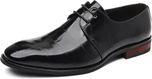 Men's Leather Retro Crocodile Print Chunky Heel Oxford Shoes Comfort Lace-Up Business Low Heel Formal Shoes for Wedding Party Evening