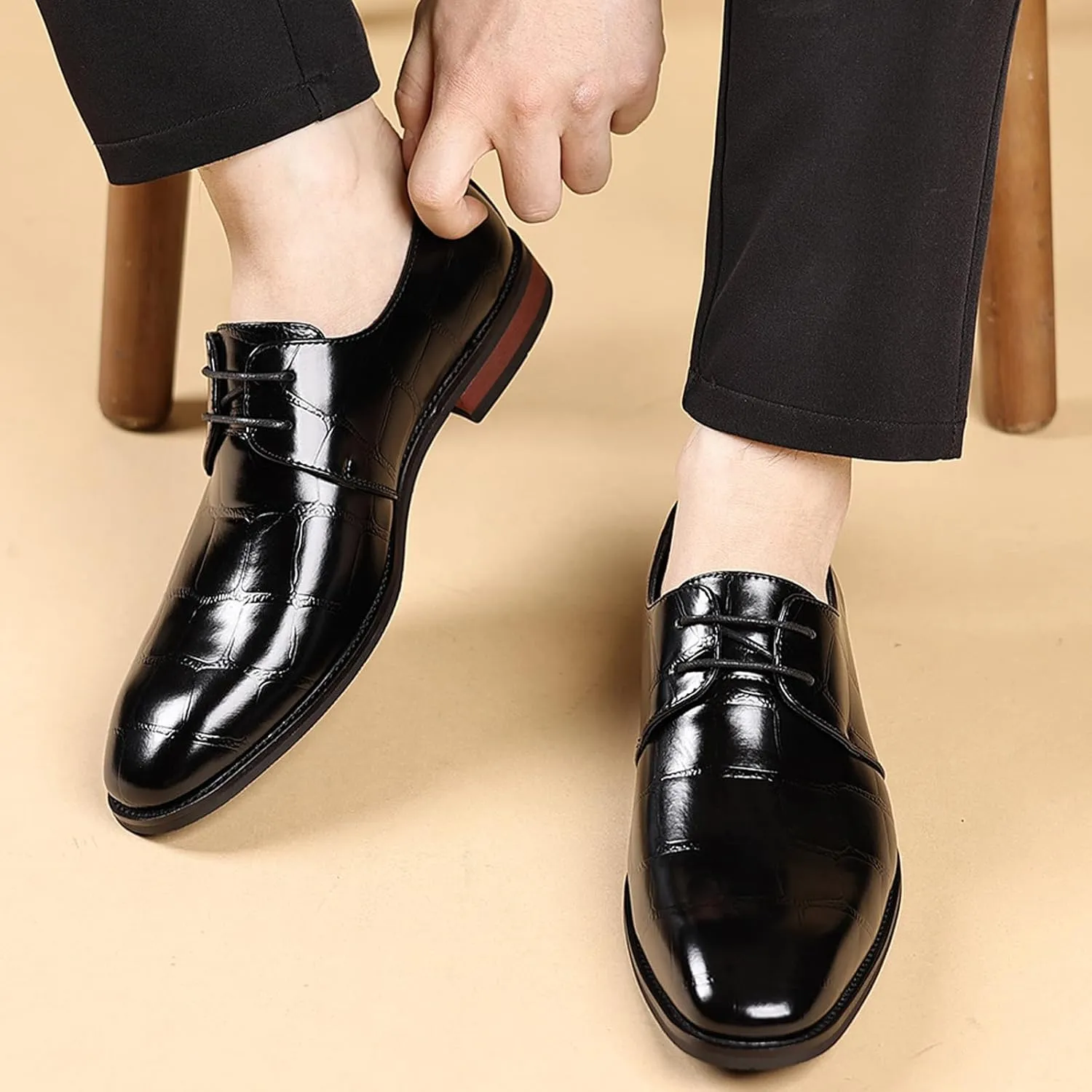 Men's Leather Retro Crocodile Print Chunky Heel Oxford Shoes Comfort Lace-Up Business Low Heel Formal Shoes for Wedding Party Evening