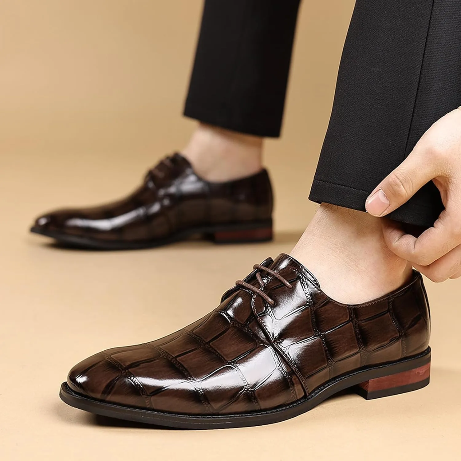 Men's Leather Retro Crocodile Print Chunky Heel Oxford Shoes Comfort Lace-Up Business Low Heel Formal Shoes for Wedding Party Evening