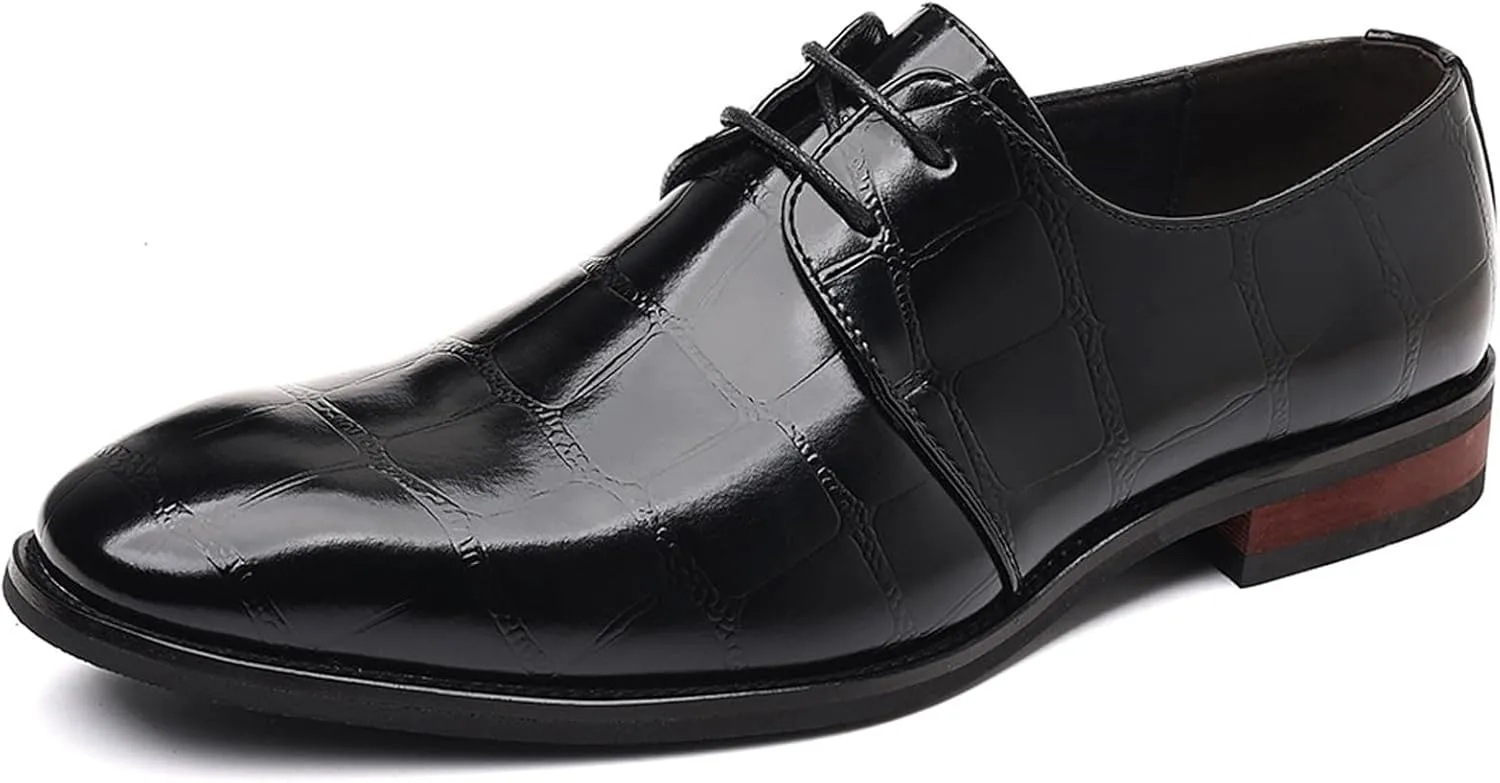 Men's Leather Retro Crocodile Print Chunky Heel Oxford Shoes Comfort Lace-Up Business Low Heel Formal Shoes for Wedding Party Evening