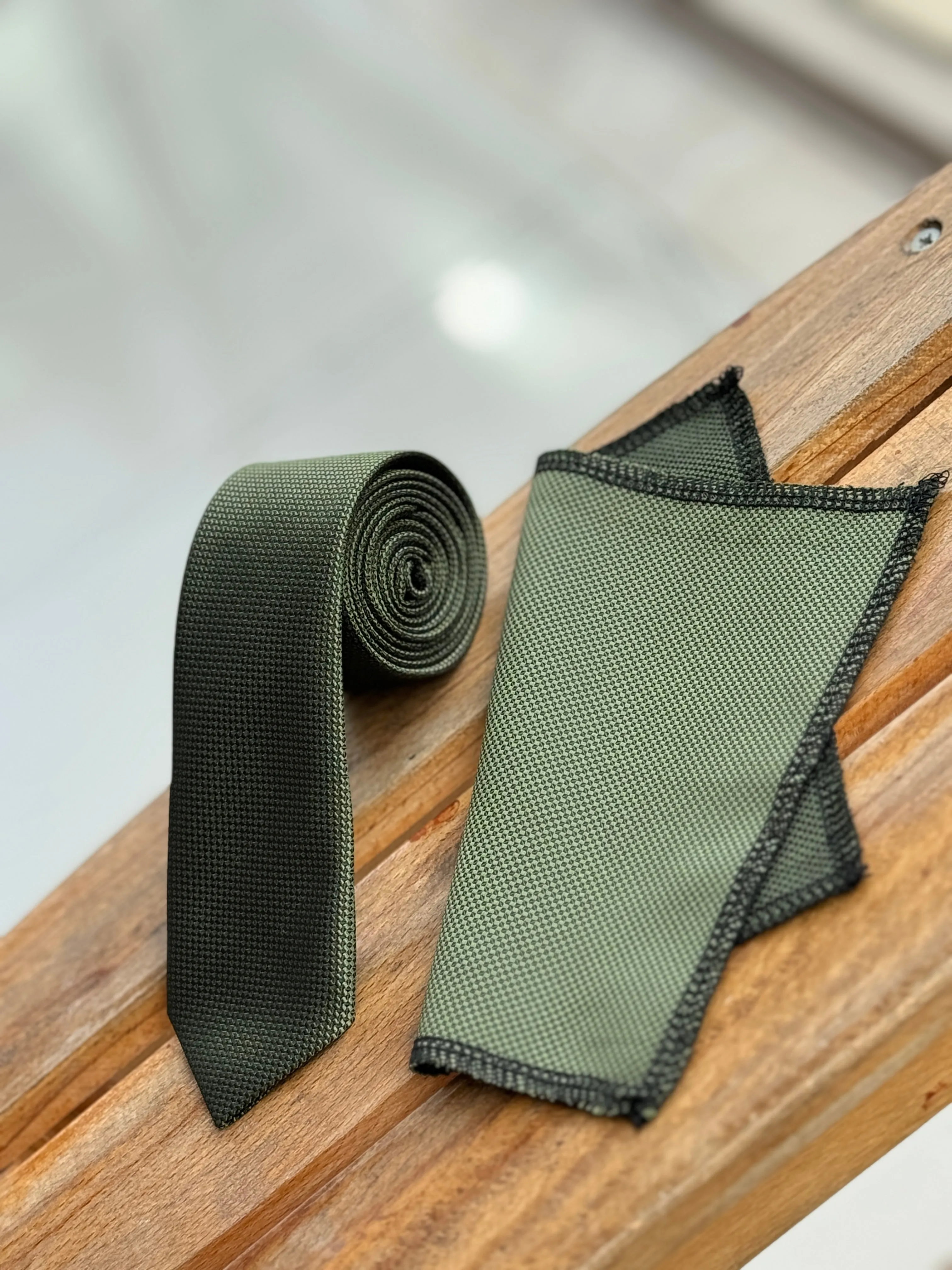 Men’s Oxford Weave Slim Tie Formal Neckwear - Khaki Green