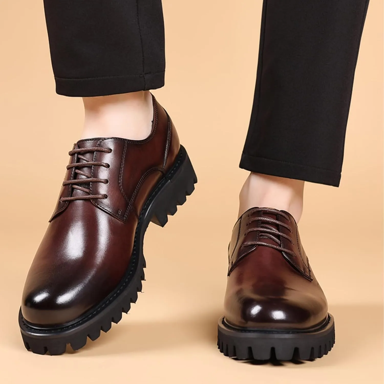 Men's Patent Leather Platform Oxford Shoes Classic Lace-up Lug Sole Business Dress Shoes Casual Block Heel Soft Bottom Comfortable Formal Oxfords