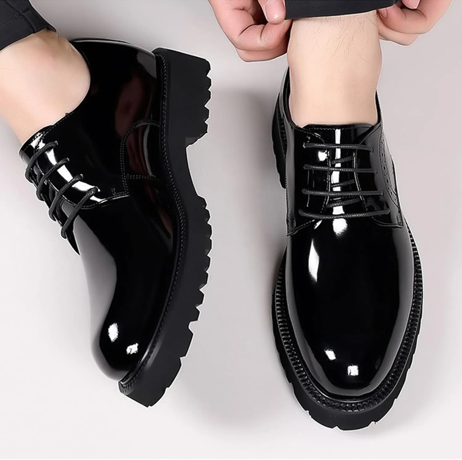 Men's Polishing Patent Leather Chunky Platform Oxford Low Heels Fashion Anti-Slip Lug Sole Business Shoes Classic Office Brogues