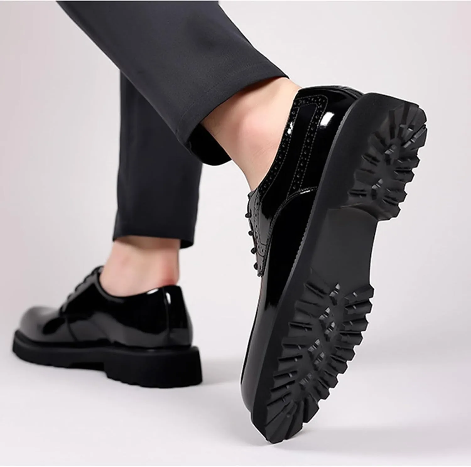 Men's Polishing Patent Leather Chunky Platform Oxford Low Heels Fashion Anti-Slip Lug Sole Business Shoes Classic Office Brogues