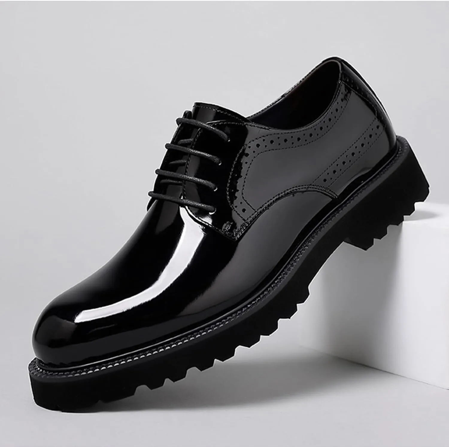 Men's Polishing Patent Leather Chunky Platform Oxford Low Heels Fashion Anti-Slip Lug Sole Business Shoes Classic Office Brogues