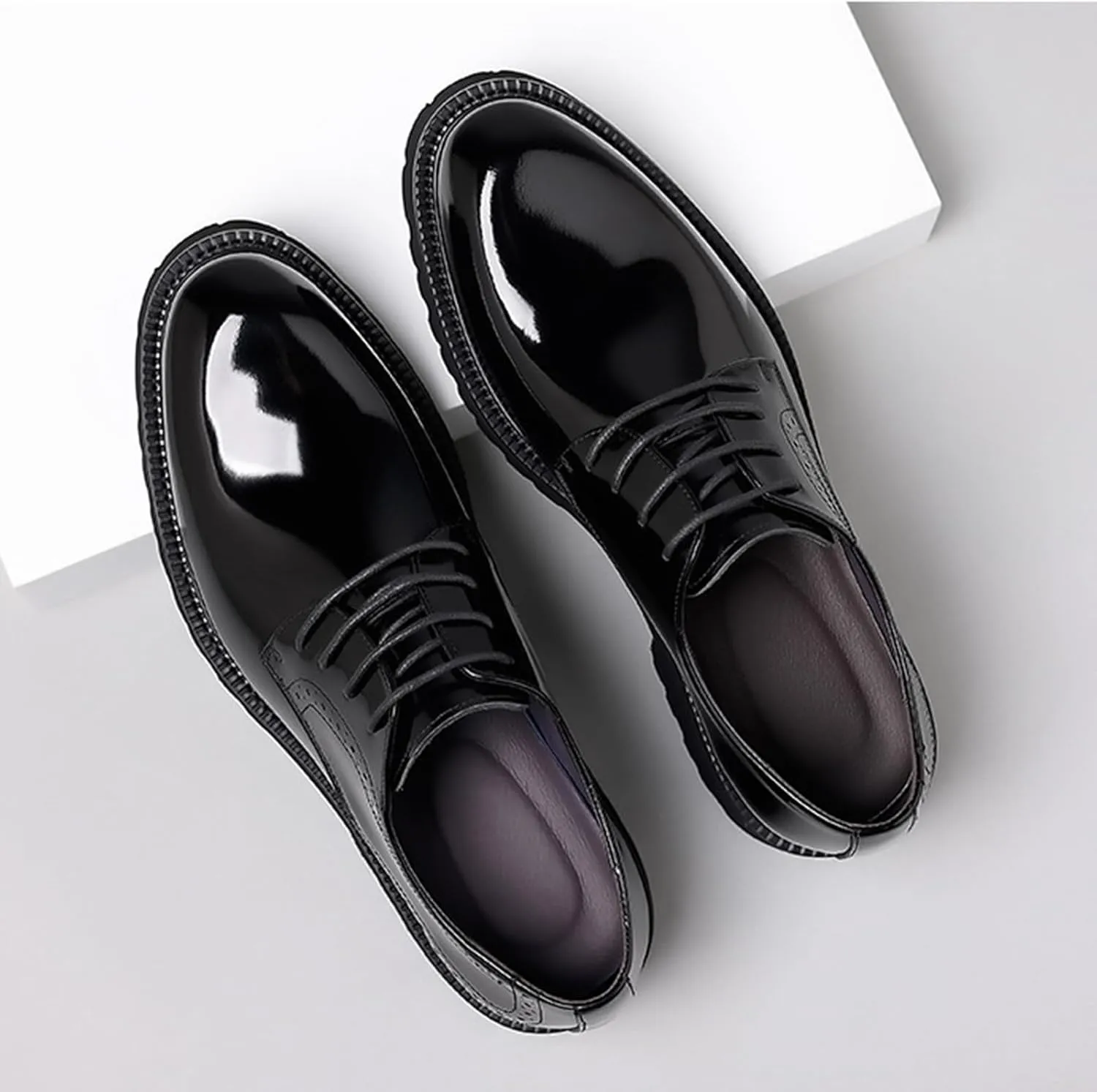 Men's Polishing Patent Leather Chunky Platform Oxford Low Heels Fashion Anti-Slip Lug Sole Business Shoes Classic Office Brogues