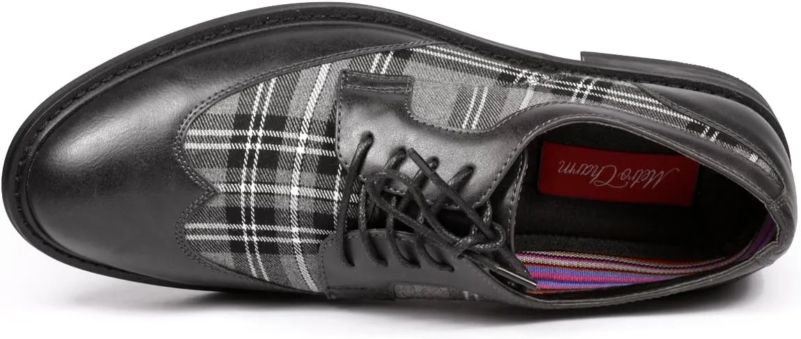 Metrocharm MET525-1 Men's Plaid Lace Up Wing Tip Classic Oxford Dress Shoes