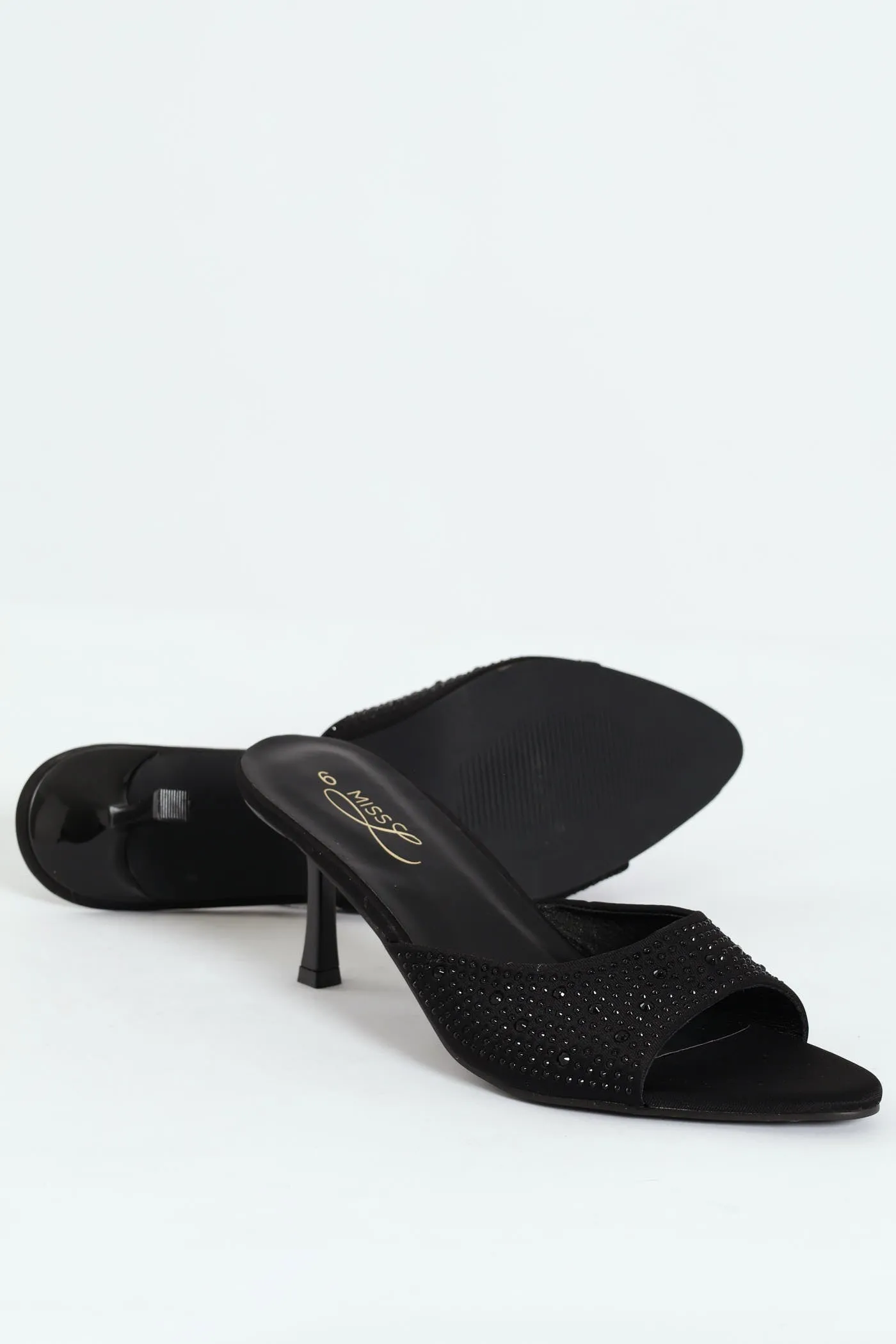 Mid Shaped Pointy Embellished Mule Heel - Black