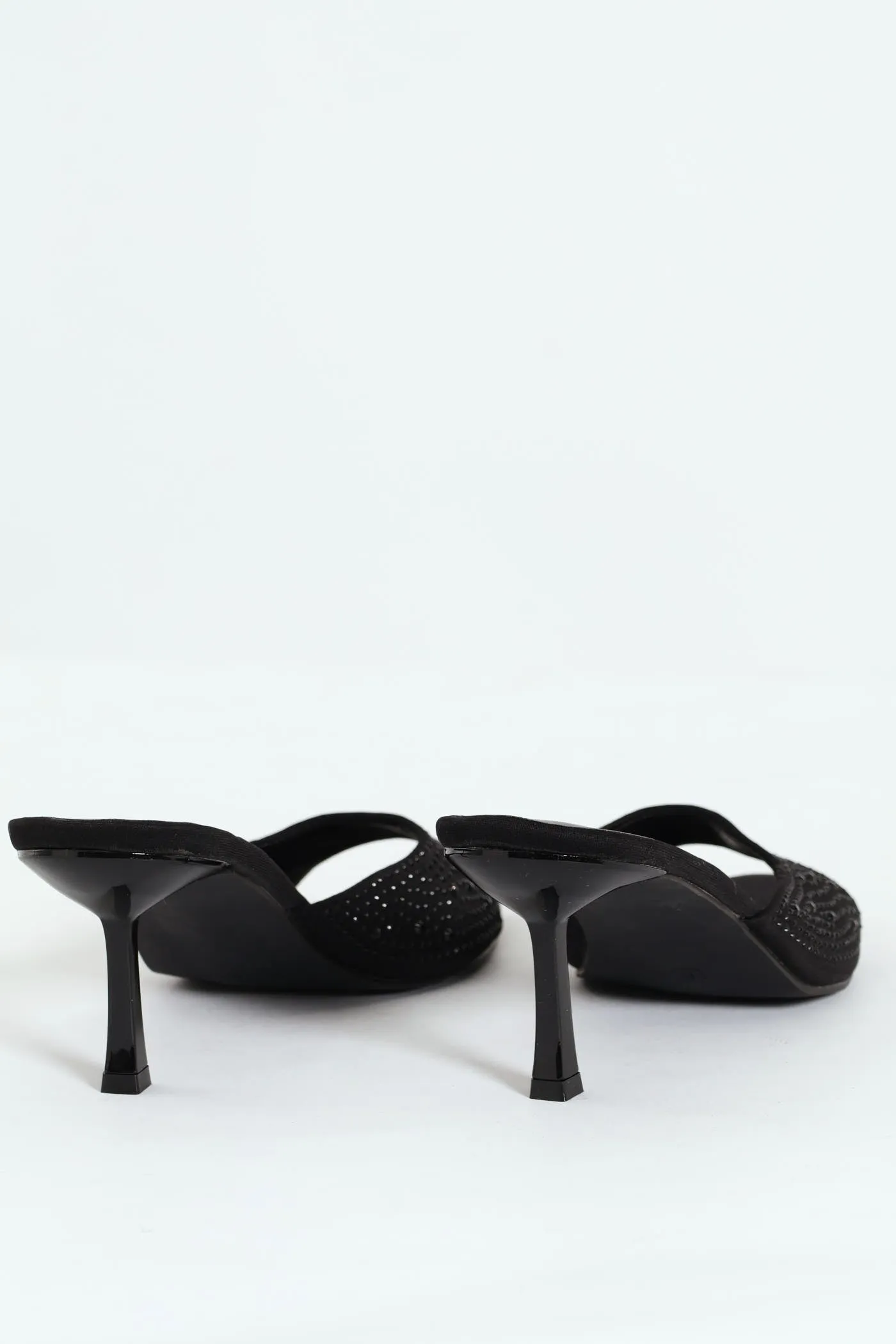 Mid Shaped Pointy Embellished Mule Heel - Black