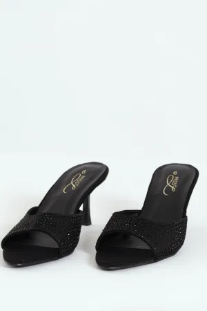 Mid Shaped Pointy Embellished Mule Heel - Black