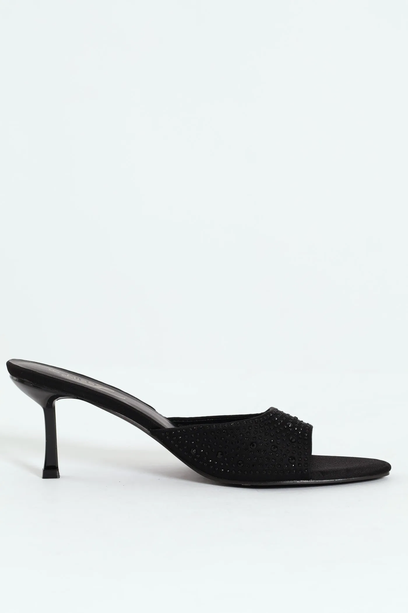 Mid Shaped Pointy Embellished Mule Heel - Black