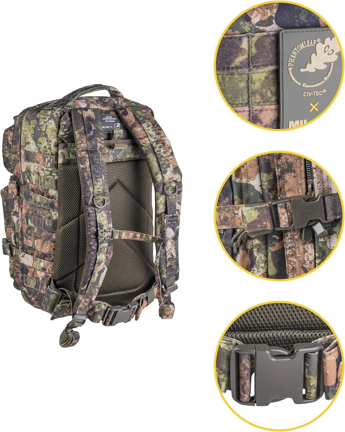 Mil-Tec Unisex Assault Pack - Rugged Durable Lightweight Ergonomic Versatile Tactical Outdoor Camping Hiking Backpack with Adjustable Padded Shoulder Straps & MOLLE Loops, Phantomleaf WASP I Z3A, 36L