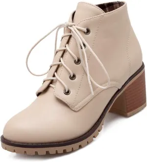 MIOKE Women's Round Toe Lace Up Dressy Ankle Boots Vintage Platform Chunky Heel Dressy Oxford Short Booties