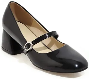 MIOKE Women's Square Toe Mary Jane Pump Oxford Patent Leather Buckle Strap Chunky Mid Heel Retro Dress Shoes