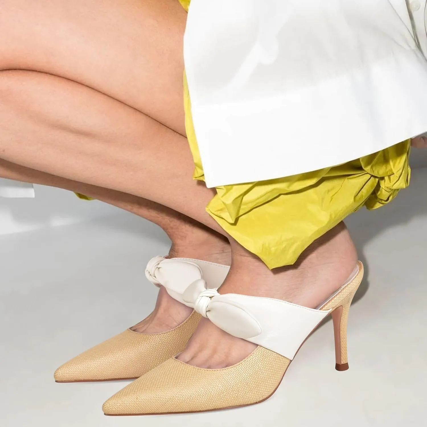 MIRAAZZURRA Bow Heel Mules Pumps Raffia Pointed Toe Stiletto High Heels Slip On Mules for Women Bridal Wedding Dress Party