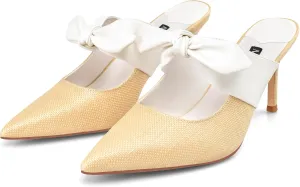 MIRAAZZURRA Bow Heel Mules Pumps Raffia Pointed Toe Stiletto High Heels Slip On Mules for Women Bridal Wedding Dress Party