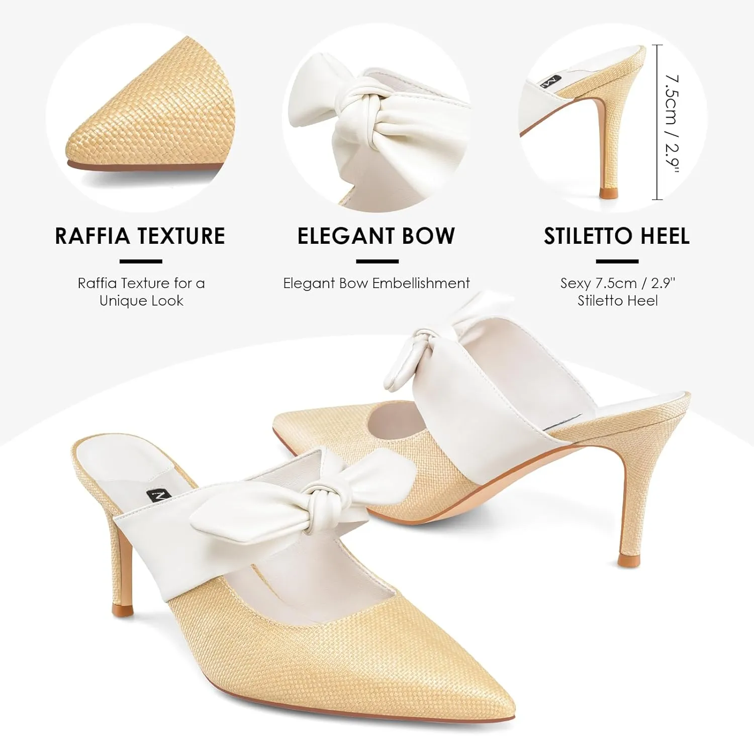 MIRAAZZURRA Bow Heel Mules Pumps Raffia Pointed Toe Stiletto High Heels Slip On Mules for Women Bridal Wedding Dress Party