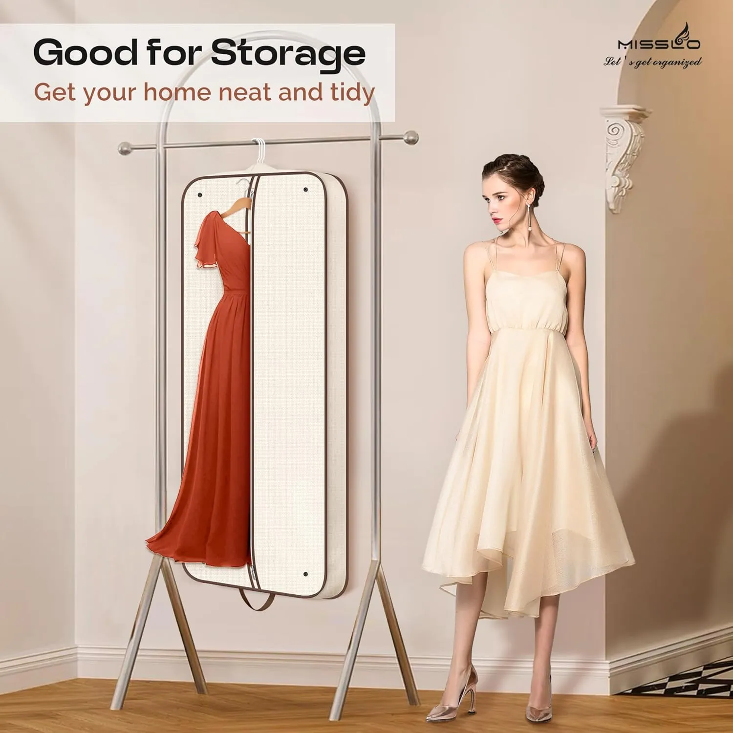 MISSLO 60" Foldable Garment Bags for Travel for Women Dress Bags for Gowns Long Hanging Bag for Closet Storage Dress Protector Bag for Gowns, Suits, Coats, Beige