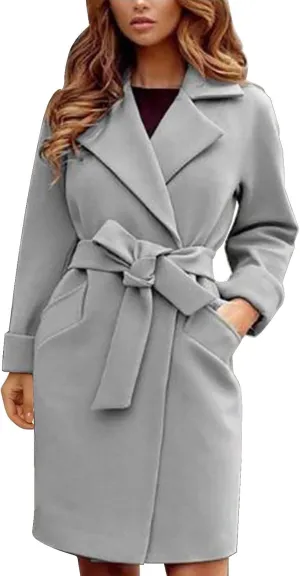 Miyaomn Winter Fall Elegant Notched Lapel Pea Coat for Women Casual Solid Belted Shawl Collar Mid-Length Overcoat with Pocket