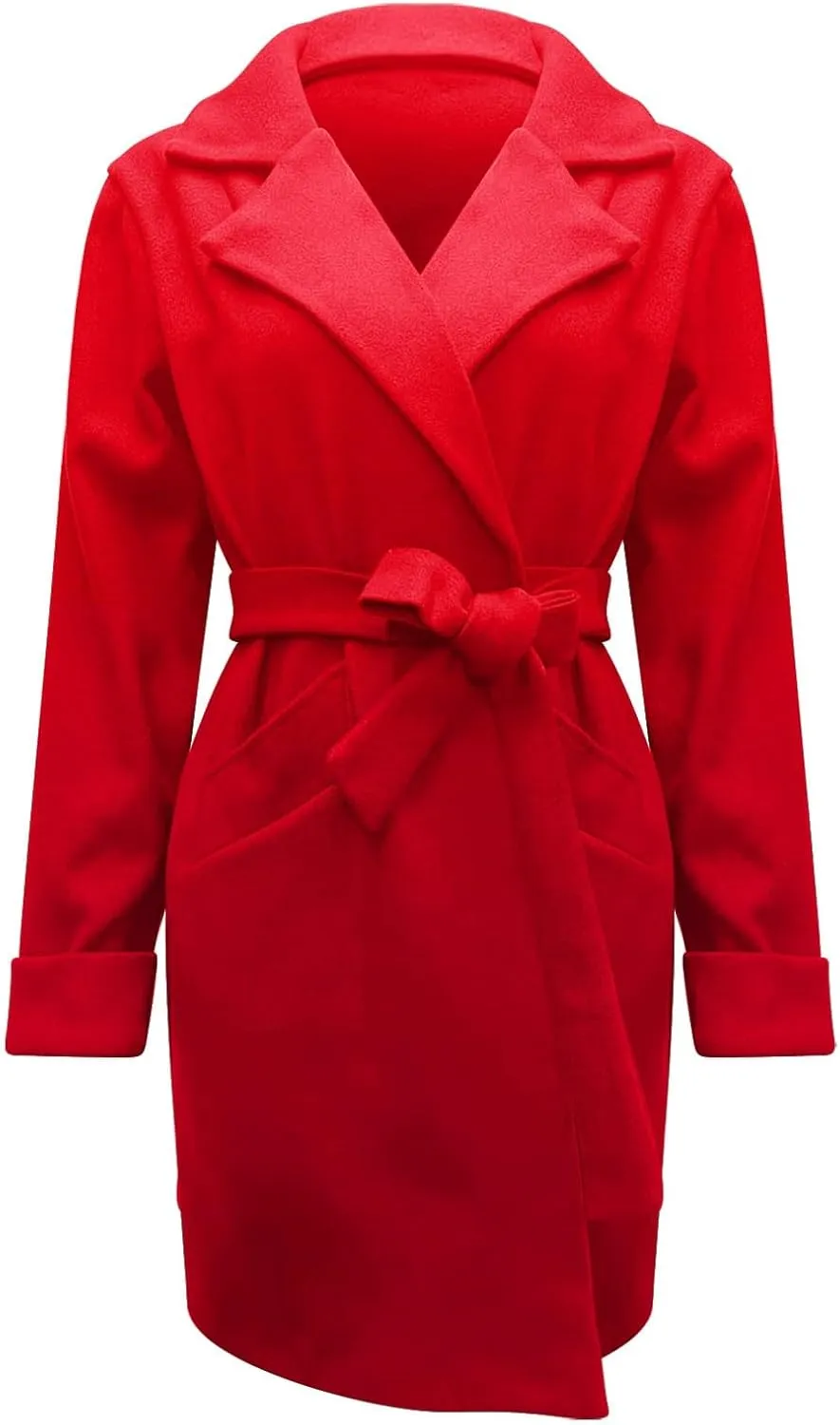 Miyaomn Winter Fall Elegant Notched Lapel Pea Coat for Women Casual Solid Belted Shawl Collar Mid-Length Overcoat with Pocket