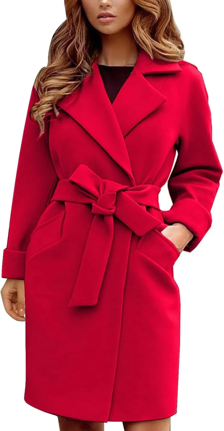 Miyaomn Winter Fall Elegant Notched Lapel Pea Coat for Women Casual Solid Belted Shawl Collar Mid-Length Overcoat with Pocket