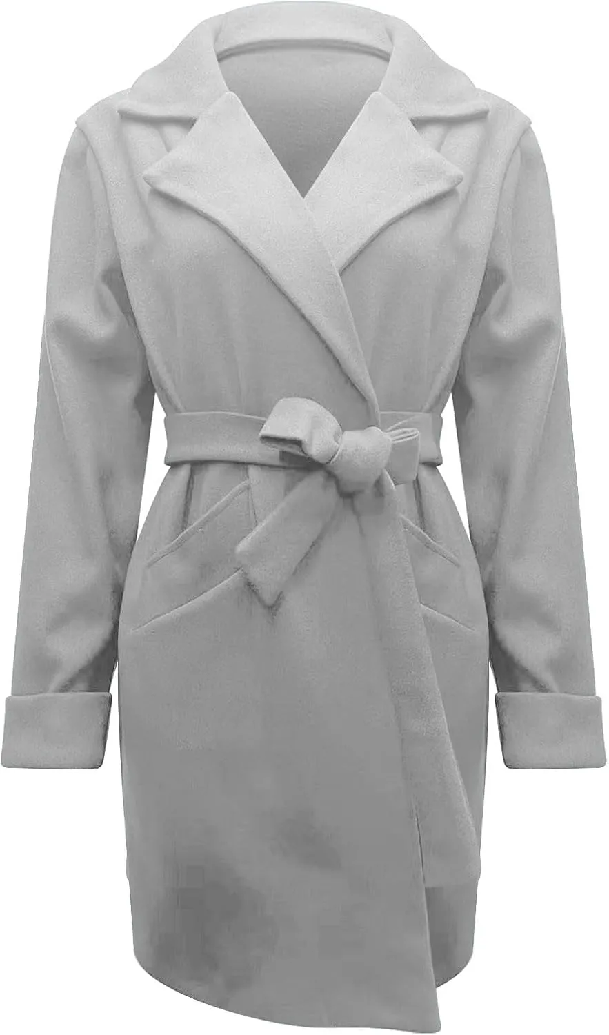 Miyaomn Winter Fall Elegant Notched Lapel Pea Coat for Women Casual Solid Belted Shawl Collar Mid-Length Overcoat with Pocket