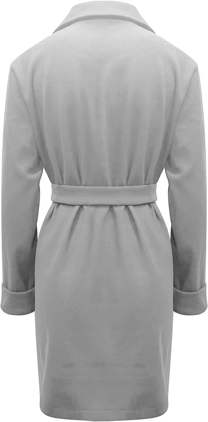 Miyaomn Winter Fall Elegant Notched Lapel Pea Coat for Women Casual Solid Belted Shawl Collar Mid-Length Overcoat with Pocket