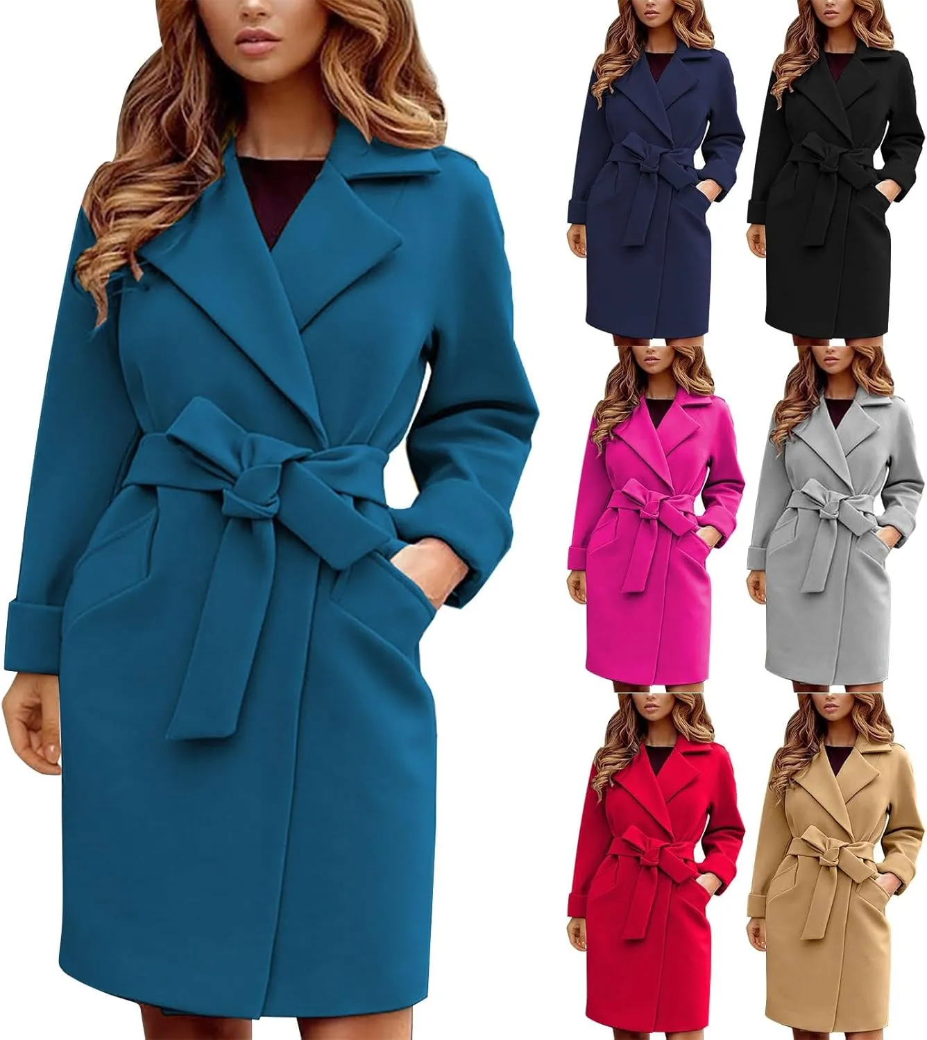 Miyaomn Winter Fall Elegant Notched Lapel Pea Coat for Women Casual Solid Belted Shawl Collar Mid-Length Overcoat with Pocket