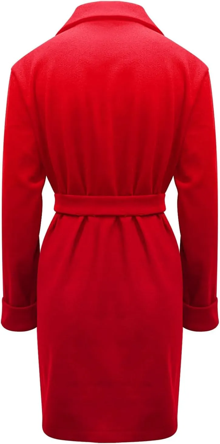Miyaomn Winter Fall Elegant Notched Lapel Pea Coat for Women Casual Solid Belted Shawl Collar Mid-Length Overcoat with Pocket