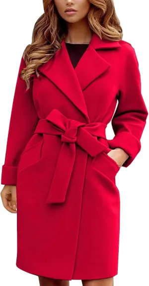 Miyaomn Winter Fall Elegant Notched Lapel Pea Coat for Women Casual Solid Belted Shawl Collar Mid-Length Overcoat with Pocket