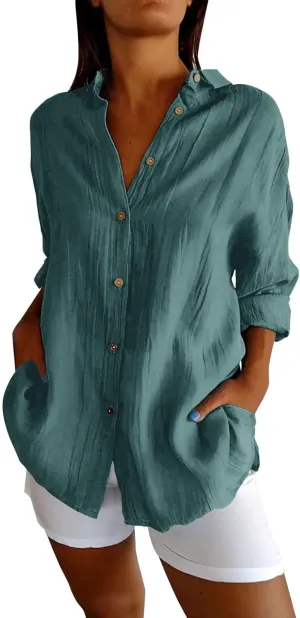 Miyaomn Womens Button Down Dress Shirts Cotton Linen Long Sleeve Collared Blouse Lightweight Slim Fit Solid V Neck Casual Top