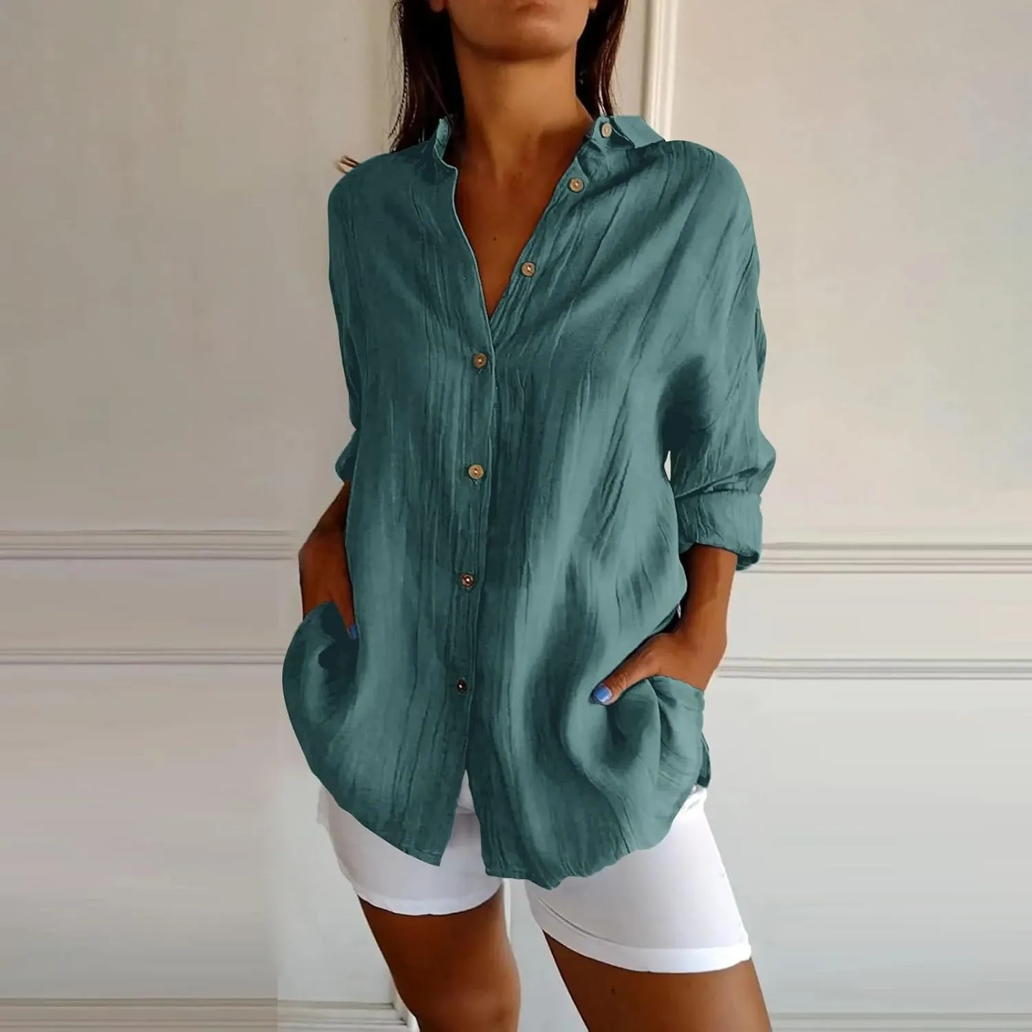 Miyaomn Womens Button Down Dress Shirts Cotton Linen Long Sleeve Collared Blouse Lightweight Slim Fit Solid V Neck Casual Top
