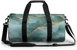 Muted Green Hues with Gold Streaks Marble Texture Travel Gym Bag for Women Men Elegant And Luxurious Abstract Pattern Cylindrical Duffle Bag Sport Workout Bag with Shoulder Strap