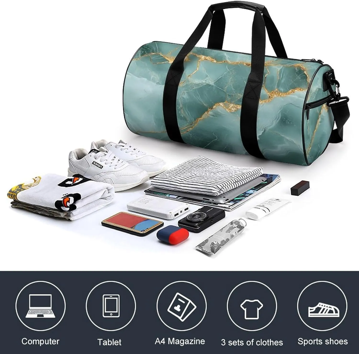 Muted Green Hues with Gold Streaks Marble Texture Travel Gym Bag for Women Men Elegant And Luxurious Abstract Pattern Cylindrical Duffle Bag Sport Workout Bag with Shoulder Strap