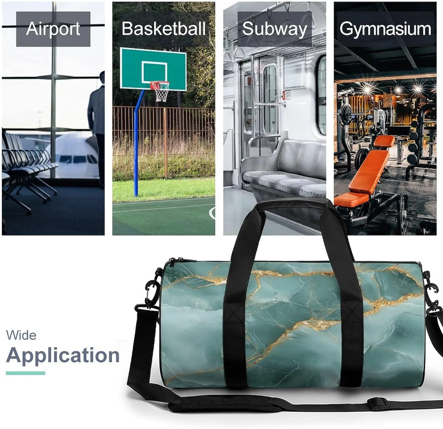 Muted Green Hues with Gold Streaks Marble Texture Travel Gym Bag for Women Men Elegant And Luxurious Abstract Pattern Cylindrical Duffle Bag Sport Workout Bag with Shoulder Strap