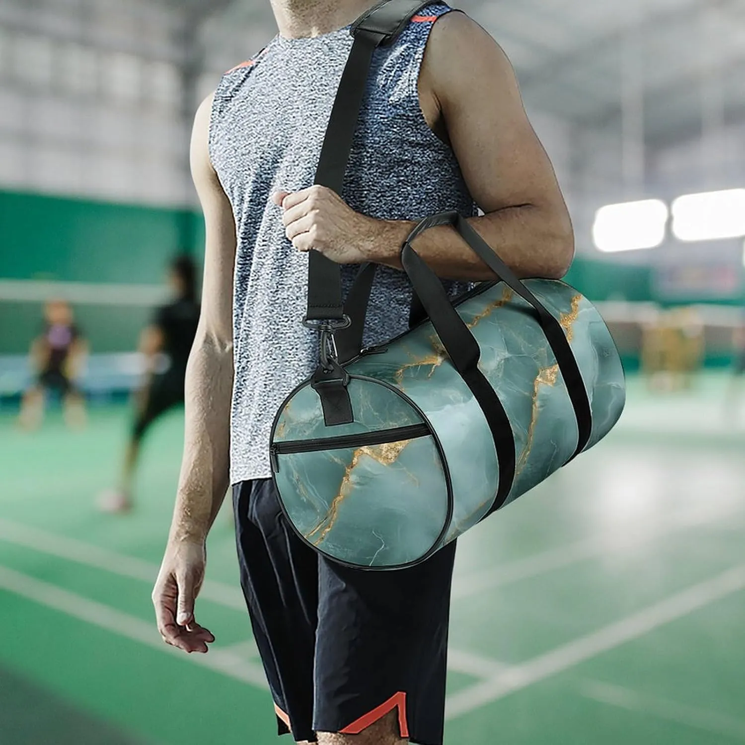 Muted Green Hues with Gold Streaks Marble Texture Travel Gym Bag for Women Men Elegant And Luxurious Abstract Pattern Cylindrical Duffle Bag Sport Workout Bag with Shoulder Strap