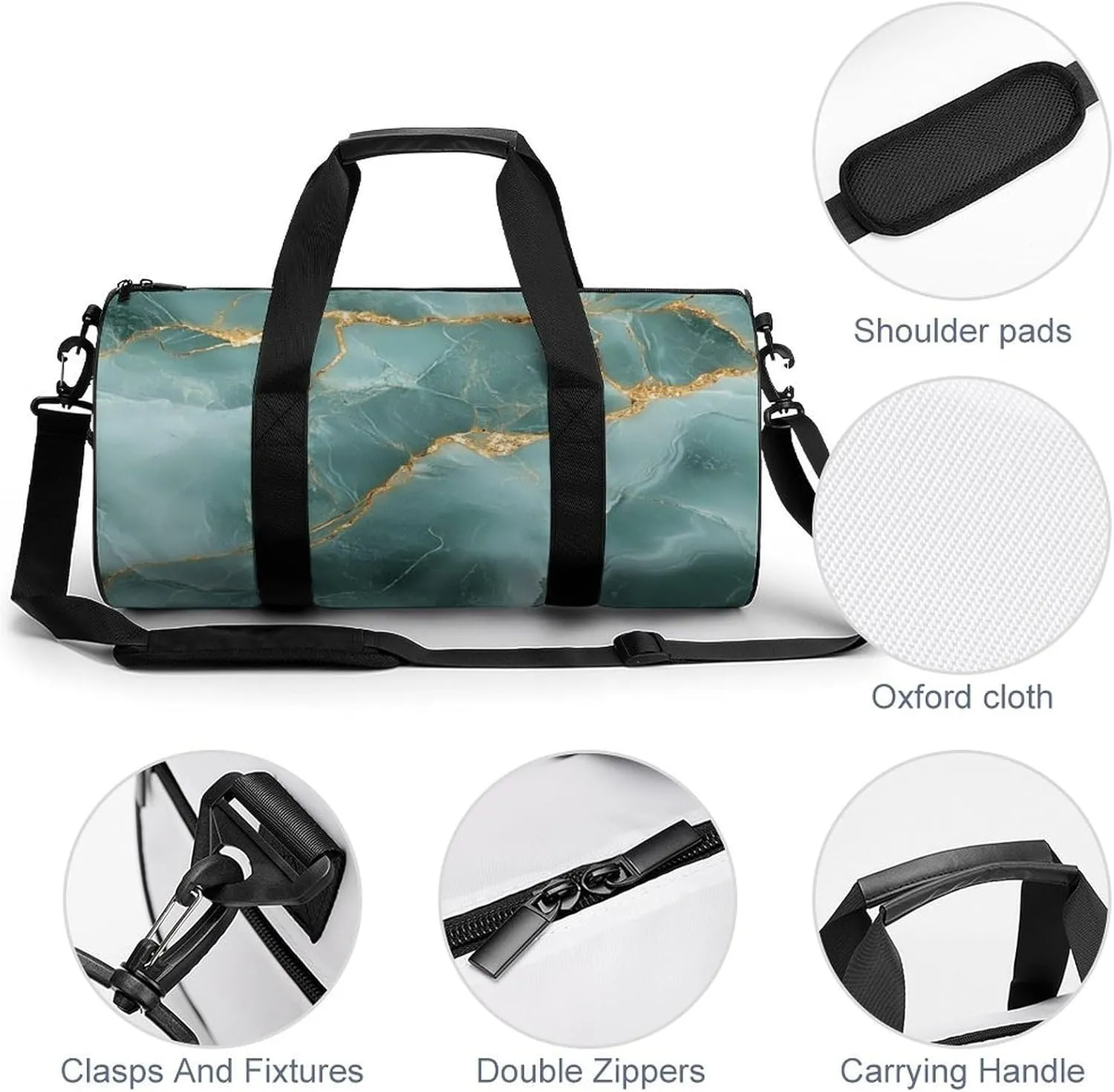 Muted Green Hues with Gold Streaks Marble Texture Travel Gym Bag for Women Men Elegant And Luxurious Abstract Pattern Cylindrical Duffle Bag Sport Workout Bag with Shoulder Strap