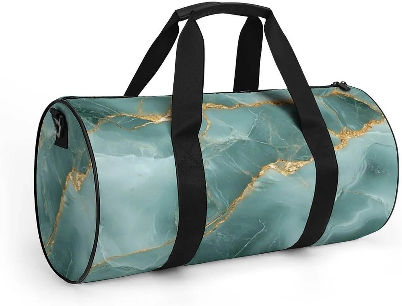 Muted Green Hues with Gold Streaks Marble Texture Travel Gym Bag for Women Men Elegant And Luxurious Abstract Pattern Cylindrical Duffle Bag Sport Workout Bag with Shoulder Strap