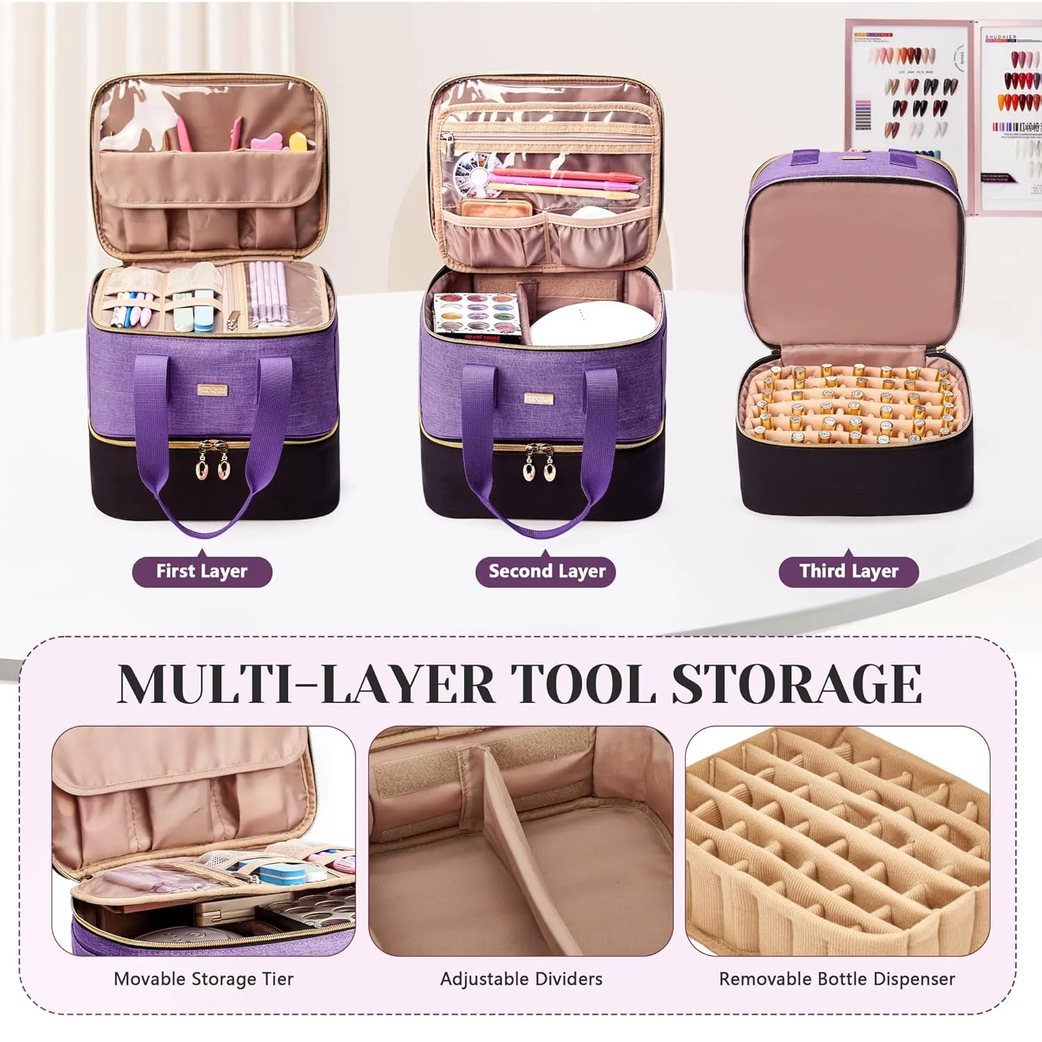 Nail Polish Organizer - Double Layer Storage Box Holds 42 Bottles & Nail Tech Kit Supplies