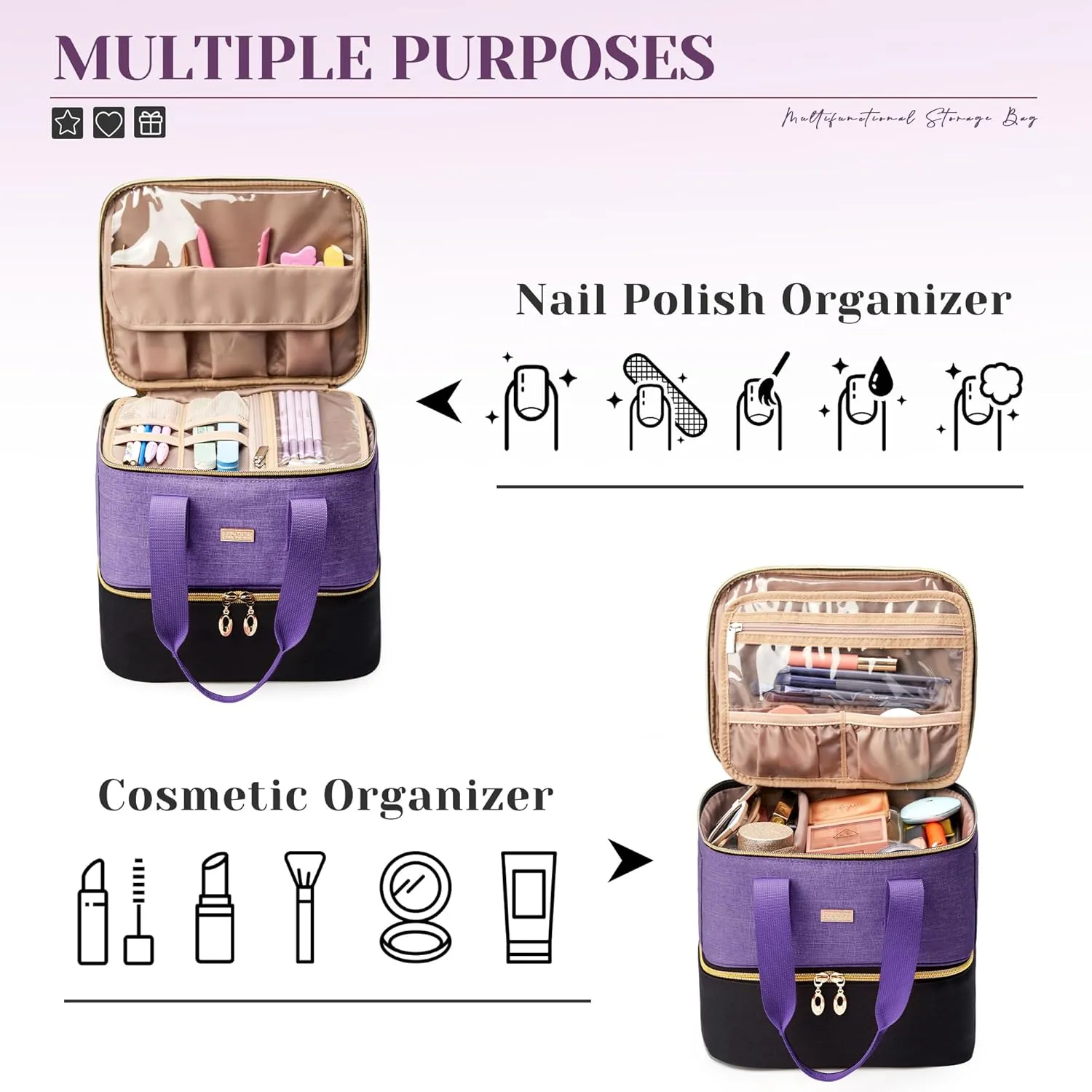 Nail Polish Organizer - Double Layer Storage Box Holds 42 Bottles & Nail Tech Kit Supplies