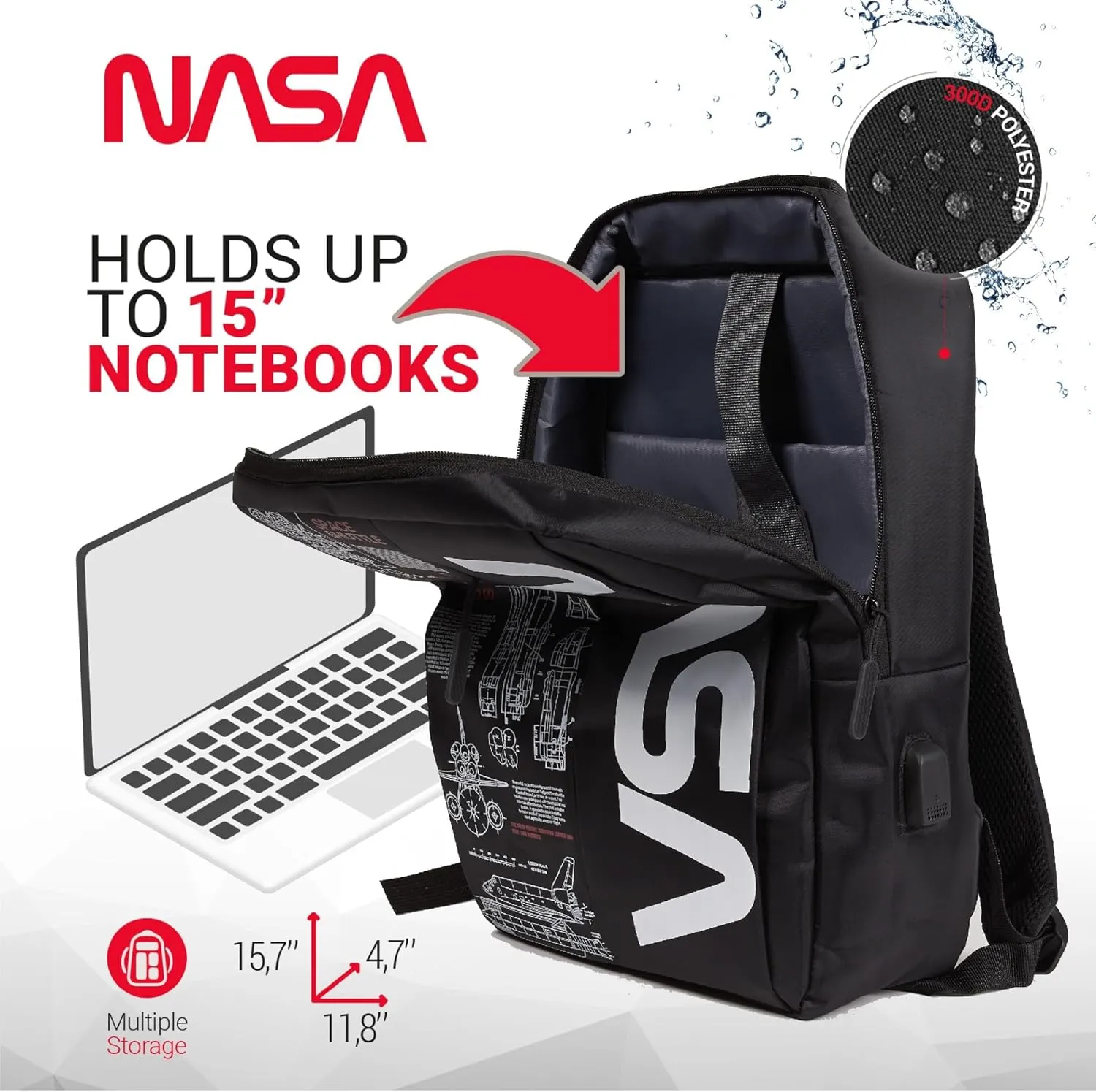 NASA Laptop Backpack For Women And Men - 15 Inch Laptop Bag With USB Port & Elegant Design - Waterproof Backpack With Adjustable Straps (Black)