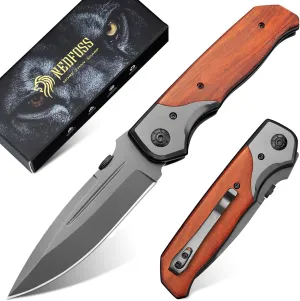 NedFoss DA30 Pocket Knife Folding Knife, 4" Folding Hunting Knife Blade with Titanium Plated, Rosewood Handle, Safety Liner Lock and Clip, Compact EDC Knife for Fishing Hiking Survival